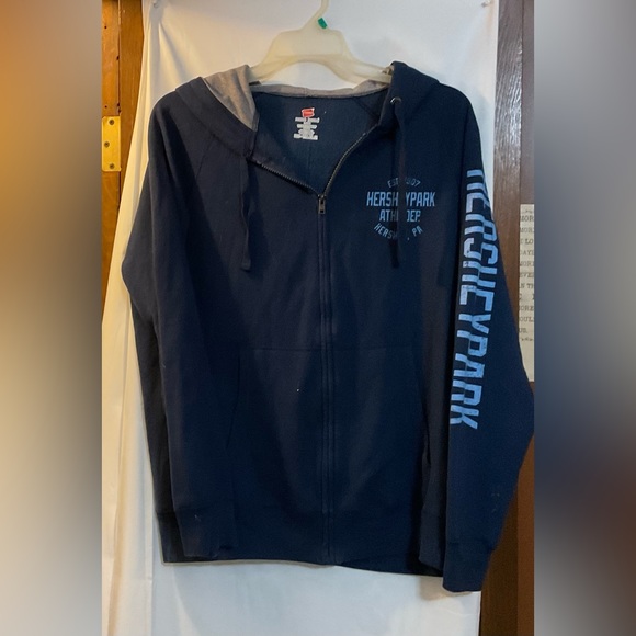 Hanes; unisex Hershey Park size large sweat jacket navy blue zipper front. - Picture 3 of 6